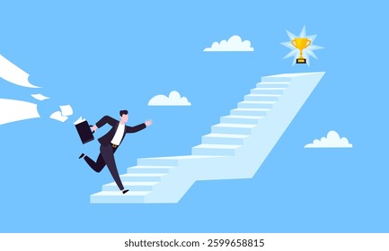 Success career ladder steps path challenge with business goal achievement flag objective on the top of it business concept flat vector illustration. Office person running onto success career steps.
