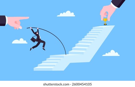 Success career ladder steps path challenge with business goal achievement trophy objective on the top of it business concept flat vector illustration. Office person running onto success career steps.