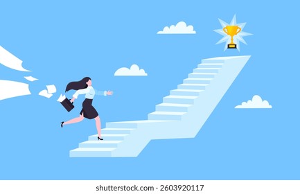 Success career ladder steps path challenge with business goal achievement flag objective on the top of it business concept flat vector illustration. Office person running onto success career steps.