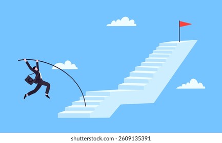 Success career ladder steps path challenge with business goal achievement flag objective on the top of it business concept flat vector illustration. Office person running onto success career steps.