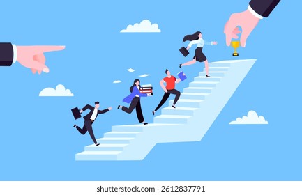 Success career ladder steps path challenge with business goal achievement flag objective on the top of it business concept flat vector illustration. Office person running onto success career steps.