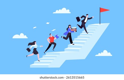 Success career ladder steps path challenge with business goal achievement flag objective on the top of it business concept flat vector illustration. Office person running onto success career steps.