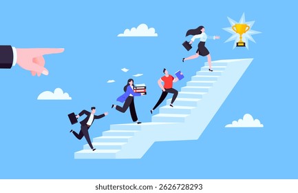 Success career ladder steps path challenge with business goal achievement flag objective on the top of it business concept flat vector illustration. Office person running onto success career steps.