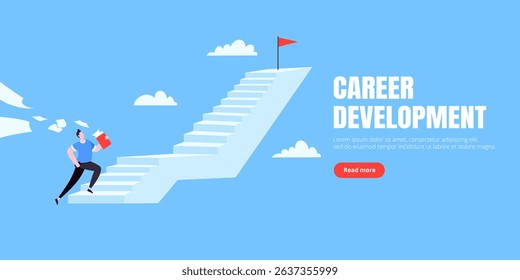 Success career ladder steps path challenge with business goal achievement flag objective on the top of it business concept flat vector illustration. Office person running onto success career steps.