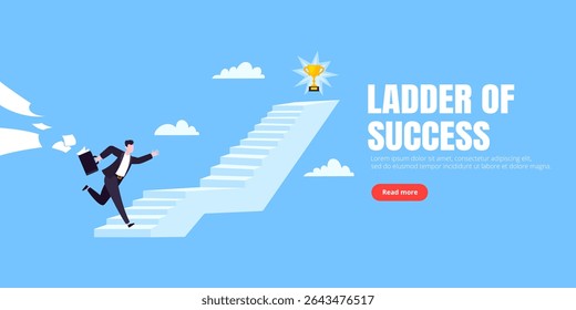 Success career ladder steps path challenge with business goal achievement flag objective on the top of it business concept flat vector illustration. Office person running onto success career steps.