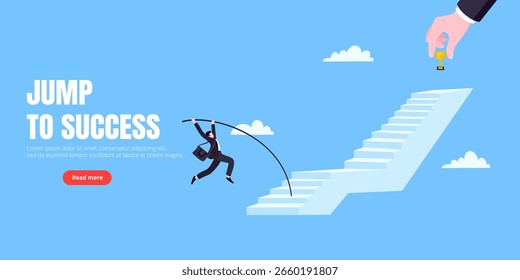 Exito carrera escalera pasos camino desafío con objetivo de trofeo de logro de objetivos de negocio en la parte superior de la Ilustración vectorial plana concepto de negocio de TI. Persona de la oficina corriendo hacia los pasos exitosos de la carrera.