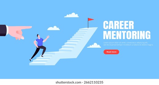 Success career ladder steps path challenge with business goal achievement flag objective on the top of it business concept flat vector illustration. Office person running onto success career steps.