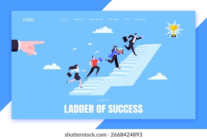 Success career ladder steps path challenge with business goal achievement flag objective on the top of it business concept flat vector illustration. Office person running onto success career steps.