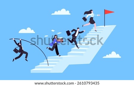 Success career ladder steps path challenge with business goal achievement flag objective on the top of it business concept flat vector illustration. Office person running onto success career steps.