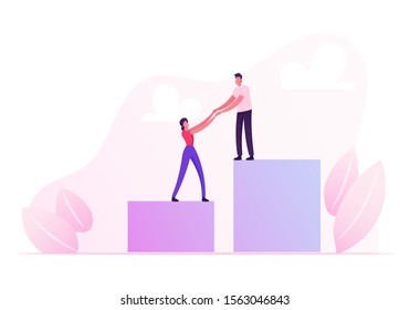 Success Career Performance, Investment, Leadership Concept. Business Team Climbing Column Chart. Businesspeople Holding Hands Going Up on Top of Growth Graph Diagram. Cartoon Flat Vector Illustration