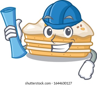 A success of carrot cake Architect having blue prints and blue helmet