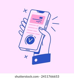 Success cashless payment in online banking app. People holding phone, pay by digital card in internet. Transaction confirmation, money transfer, remittance. Flat isolated lineart vector illustration