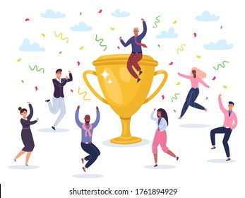 Success celebrating team. Jumping winners team celebrating victory, golden cup wins award, happy successful business team vector illustration. Jumping team and golden cup, leadership achievement