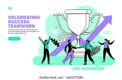 success celebration team congratulating in front of trophy, vector illustration