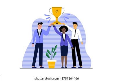 Success, celebration, win, goal achievement, business concept. International team of young businessmen african american woman managers holding gold cup prize and celebrating victory. Reaching purposes