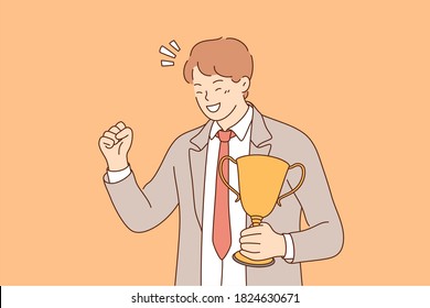 Success, celebration, win, goal achievement, business concept. Happy smiling young businessman clerk leader stands with cup, celebrating victory. Reaching purposes and winning competition illustration