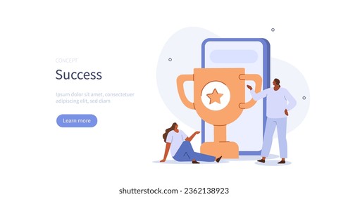 Success. Characters standing near trophy and celebrating achievements. Business activities concept. Vector illustration.
