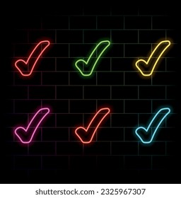 Success checkmark concept accepted to approve, web button for voting, futuristic technology with green neon glow in smoke, vector business background. 