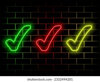 Concepto de marca de verificación de éxito aceptado para aprobar, botón web para votar, tecnología futurista con resplandor de neón, fondo de negocio vectorial. muchos colores.