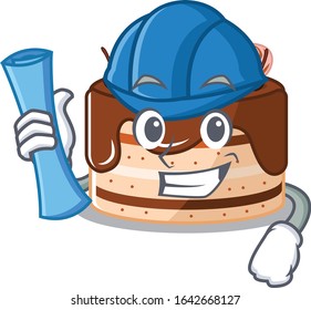 A success of chocolate cake Architect having blue prints and blue helmet