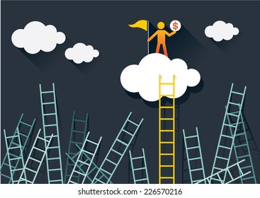 Success Climber with Ladder to Cloud