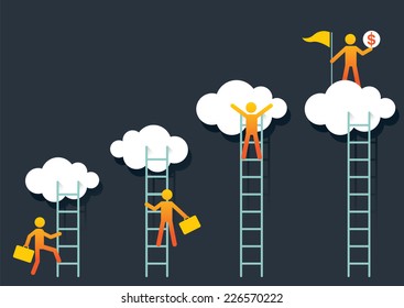 Success Climber with Ladder to Cloud