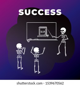 Success Comic Parody Concept with Big Skull Skeletons Playing Business Presentation of Grave Possesion Profit Halloween Holidays Template - White on Dark Background - Vector Contrast Graphic Design