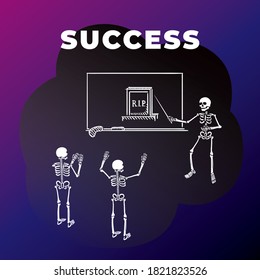 Success Comic Parody Concept with Simplified Skeletons Playing Business Presentation of Grave Possesion Profit Halloween Holidays Template - White on Dark Background - Vector Contrast Graphic Design