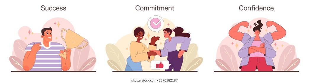 Success, Commitment and Confidence set. Jubilant expressions of victory, heartfelt pledges, and bold self assurance. Chronicles of triumph, loyal bonds and self esteem. Flat vector illustration