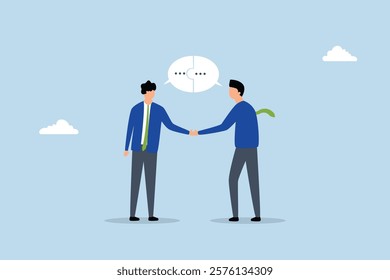 Success communicate, businessmen shaking hands with a communication speech bubble puzzle. 