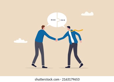 Success communicate, discussion or interview, achieve business agreement, solution or partnership deal, perfect match connection concept, businessmen handshake with connect speech bubble jigsaw.