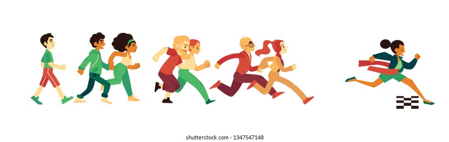 Success and competition concept with people in sport and casual clothing running in flat style - isolated vector illustration of race with winner woman crossing finish line and tearing red ribbon.