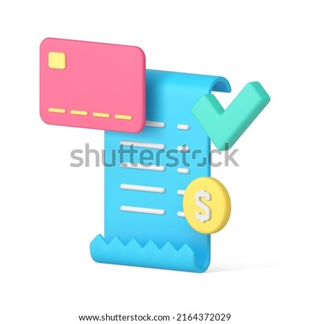 Success complete financial transaction paper document curved ragged edges with done checkmark 3d icon vector illustration. Positive paid business blank form check with cash coin and credit card