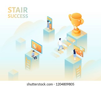 Success concept in 3d isometric projection, people climbing up the stairs for the trophy