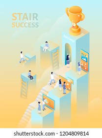 Success concept in 3d isometric projection, people climbing up the stairs for the trophy