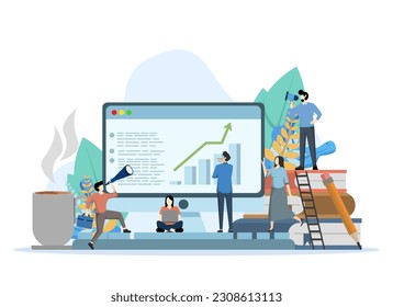 success concept, achieving goals, business vector illustration, employee studying infographics, analyzing evolutionary scale, online training vector. Modern vector flat illustration.