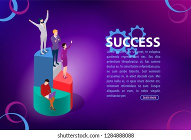 Success concept.
Business management and administration. People characters, on business graph.  Flat isometric infographics or banner. Illustration with text place isolated on white background