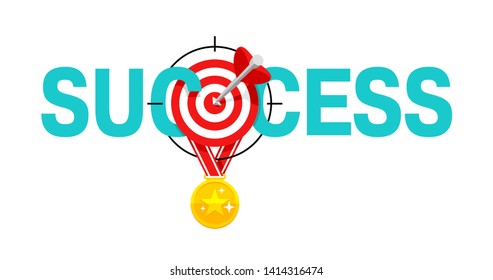 Success concept - business strategy and targeting success - bull`s eye hit in archery, target and golden 1st place medal - vector isolated element