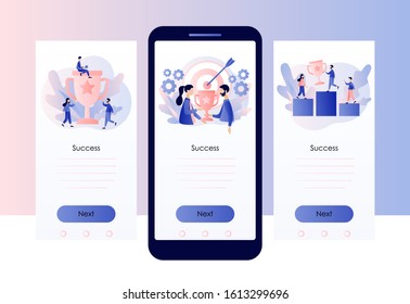 Success concept. Business Team Success, Achievement Concept. Tiny People with Prize, Cup. Screen template for mobile smart phone. Modern flat cartoon style. Vector illustration on white background