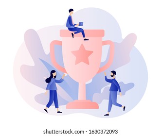 Success concept. Business Team Success, Achievement Concept. Tiny People with Prize, Cup. Modern flat cartoon style. Vector illustration on white background