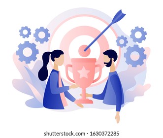 Success concept. Business Team Success, Achievement Concept. Tiny People with Prize, Cup. Modern flat cartoon style. Vector illustration on white background