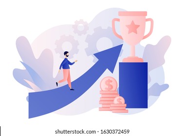Success concept. Business Team Success, Achievement Concept. Tiny People with Prize, Cup. Businessman steps up to success. The road that leads to success.Modern flat cartoon style. Vector illustration