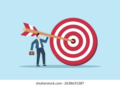 Success concept. Businessman Aiming for Success with Arrow Striking Center of Red Target in Simple Blue Background.