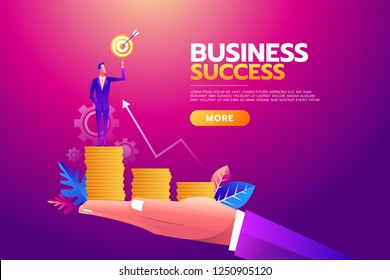 Success concept. Businessman holding goal target, briefcase full of money,All targets achieved. Business vector illustration, concept, flat.