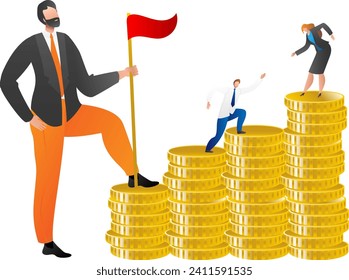 Success concept with businessman planting flag on coin stack, helping businessman and woman climb. Financial achievement, teamwork and leadership vector illustration.
