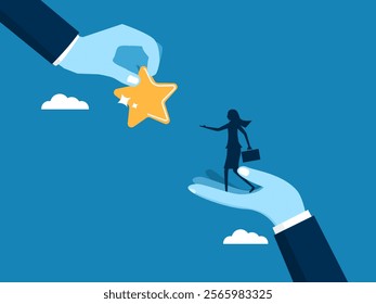 Success concept. Businesswoman standing on big hands and receiving a star award