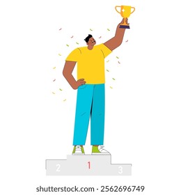 Success concept. A cheerful young businessman stands on the podium, holding a trophy aloft amidst confetti. Achievement and victory celebration. Vector illustration.