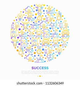 Success concept in circle thin line icons: trophy, idea, mountain peak, career, bullhorn, strategy, ladder, winner, medal, award, good choice, easy, certificate. Vector illustration.