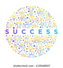 Success concept in circle thin line icons: trophy, idea, mountain peak, career, bullhorn, strategy, ladder, winner, medal, award, good choice, easy, certificate. Vector illustration, web page template
