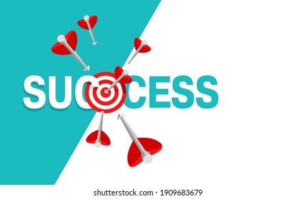 Success concept with copy space - business strategy and targeting success - bulls eye hit in archery, target and flying arrows - vector banner. Vector illustration